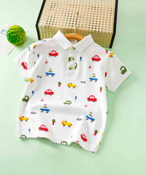 aimoha（アイモハ）の「【aimoha-KIDS-】乗り物柄ポロシャツ（ポロシャツ・キッズ・グレー/ホワイト・90/100/110/120/130）」の2枚目の写真