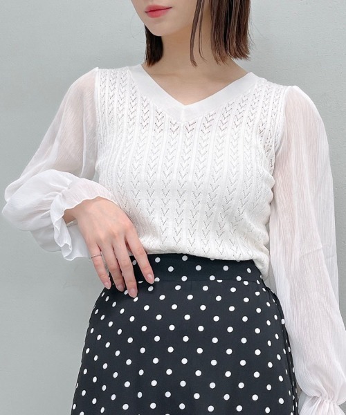 &soiree(アンドソワレ)の「【 &soiree】ケーブルニットシフォンコンビトップス(CP)(Tシャツ/カットソー・レディース・ホワイト・FREE)」の2枚目の写真