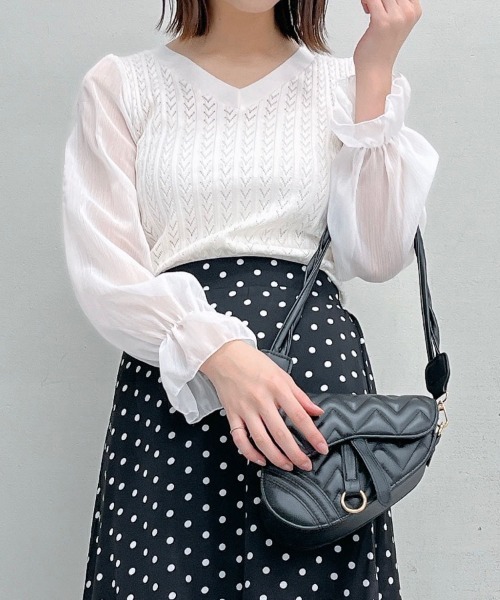 &soiree(アンドソワレ)の「【 &soiree】ケーブルニットシフォンコンビトップス(CP)(Tシャツ/カットソー・レディース・ホワイト・FREE)」の3枚目の写真