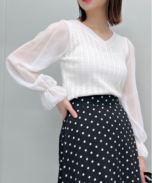 &soiree(アンドソワレ)の「【 &soiree】ケーブルニットシフォンコンビトップス(CP)(Tシャツ/カットソー・レディース・ホワイト・FREE)」の4枚目の写真