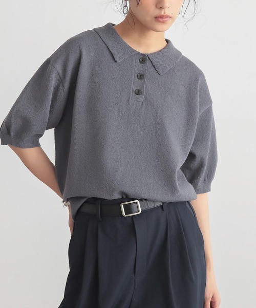 未使用級✨ RED VALENTINO リブニット ポロシャツ　ブルー　Ｌ ハーフスリーブニットポロ【サスティナブル】（ポロシャツ