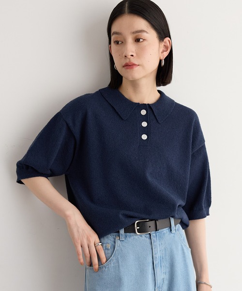 未使用級✨ RED VALENTINO リブニット ポロシャツ　ブルー　Ｌ ハーフスリーブニットポロ【サスティナブル】（ポロシャツ