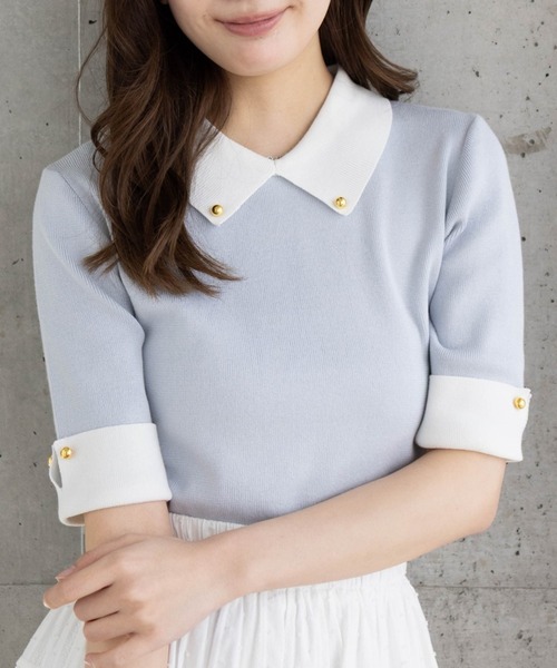 clear（クリア）の「配色襟五分袖ニットトップス[オフィスカジュアル 大人 フェミニン ニット]≪SS新作≫（ニット/セーター・レディース・オフホワイト/ブラック/グレー系その他・F）」の3枚目の写真