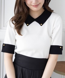 clear | 配色襟五分袖ニットトップス[オフィスカジュアル 大人 フェミニン 春ニット]≪SS新作≫(ニット/セーター)