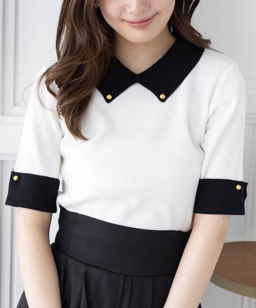 clear（クリア）の「配色襟五分袖ニットトップス[オフィスカジュアル 大人 フェミニン ニット]≪SS新作≫（ニット/セーター・レディース・オフホワイト/ブラック/グレー系その他・F）」の2枚目の写真