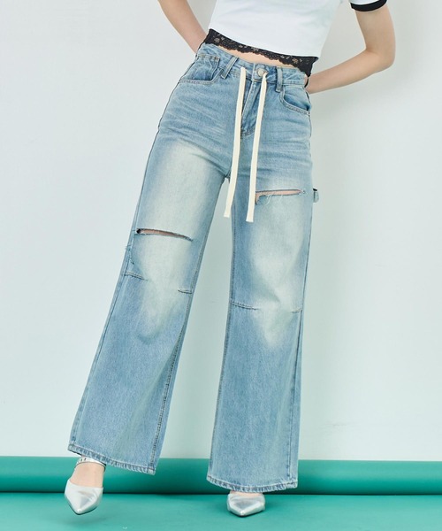 ANAP(アナップ)の「カット デザイン ワイド デニム パンツ(デニムパンツ・レディース・ライトグレー/ブルー・FREE/S/M)」の3枚目の写真