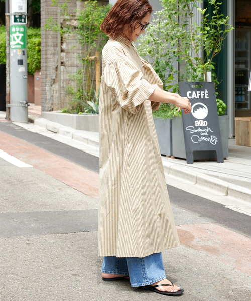 ストライプボリュームスリーブシャツワンピース 