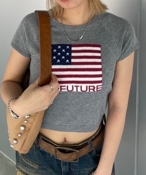 ACLENTジャガードLOGOニットtops ジャガードロゴコンパクトラグランニットトップ（ニット