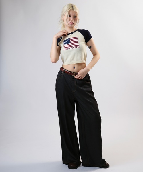 ACLENTジャガードLOGOニットtops ジャガードロゴコンパクトラグランニットトップ（ニット