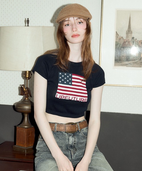 ACLENTジャガードLOGOニットtops ジャガードロゴコンパクトラグランニットトップ（ニット
