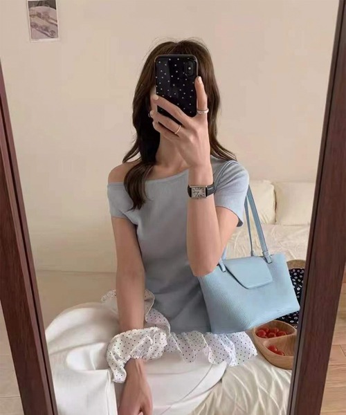 Jasmine Grandiflorum(ジャスミングランディフローラム)の「【Jasmine】ワンショルダードット柄フリルトップス (SS)(Tシャツ/カットソー・レディース・アイボリー/ブルー/グレー/ピンク・FREE)」の15枚目の写真