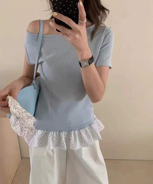Jasmine Grandiflorum(ジャスミングランディフローラム)の「【Jasmine】ワンショルダードット柄フリルトップス (SS)(Tシャツ/カットソー・レディース・アイボリー/ブルー/グレー/ピンク・FREE)」の14枚目の写真
