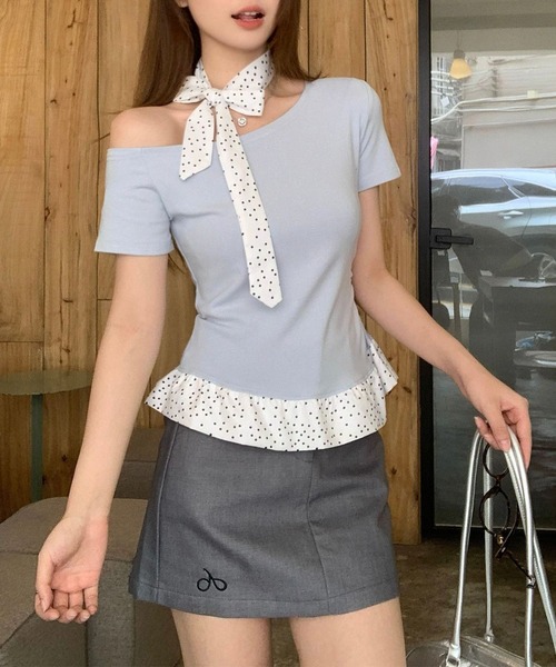 Jasmine Grandiflorum(ジャスミングランディフローラム)の「【Jasmine】ワンショルダードット柄フリルトップス (SS)(Tシャツ/カットソー・レディース・アイボリー/ブルー/グレー/ピンク・FREE)」の9枚目の写真