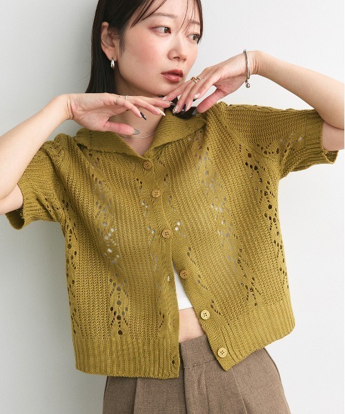 ad thie(アドティエ)の「ハーフスリーブ ポロカラー ニットトップス(ニット/セーター・レディース・レッド/ライトカーキ/アイボリー・FREE)」の2枚目の写真