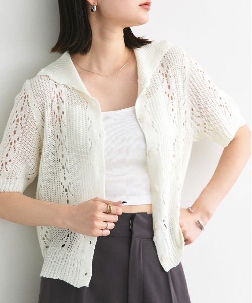 ad thie(アドティエ)の「ハーフスリーブ ポロカラー ニットトップス(ニット/セーター・レディース・レッド/ライトカーキ/アイボリー・FREE)」の1枚目の写真