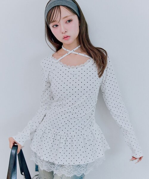 OLIVE des OLIVE(オリーブデオリーブ)の「裾レースドロストトップス(Tシャツ/カットソー・レディース・チャコールグレー/オフホワイト/ブラック/ブラック系その他・FREE)」の14枚目の写真