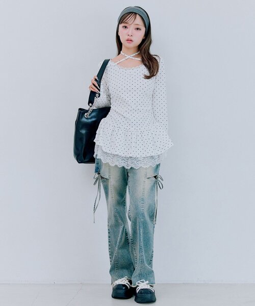 OLIVE des OLIVE(オリーブデオリーブ)の「裾レースドロストトップス(Tシャツ/カットソー・レディース・チャコールグレー/オフホワイト/ブラック/ブラック系その他・FREE)」の17枚目の写真