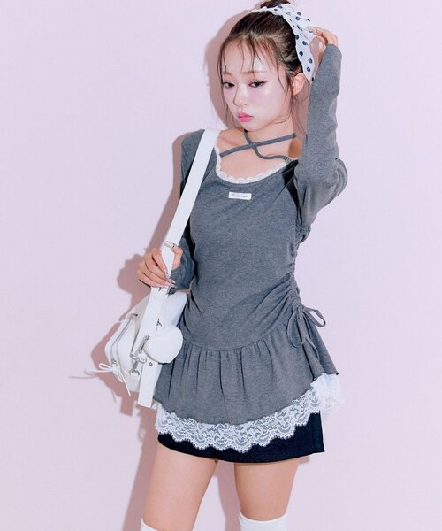 OLIVE des OLIVE(オリーブデオリーブ)の「裾レースドロストトップス(Tシャツ/カットソー・レディース・チャコールグレー/オフホワイト/ブラック/ブラック系その他・FREE)」の19枚目の写真