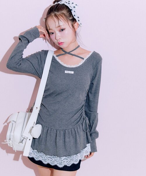 OLIVE des OLIVE(オリーブデオリーブ)の「裾レースドロストトップス(Tシャツ/カットソー・レディース・チャコールグレー/オフホワイト/ブラック/ブラック系その他・FREE)」の20枚目の写真