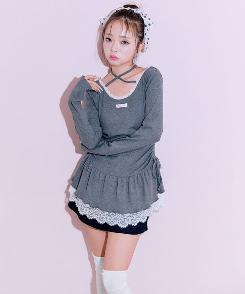 OLIVE des OLIVE(オリーブデオリーブ)の「裾レースドロストトップス(Tシャツ/カットソー・レディース・チャコールグレー/オフホワイト/ブラック/ブラック系その他・FREE)」の21枚目の写真