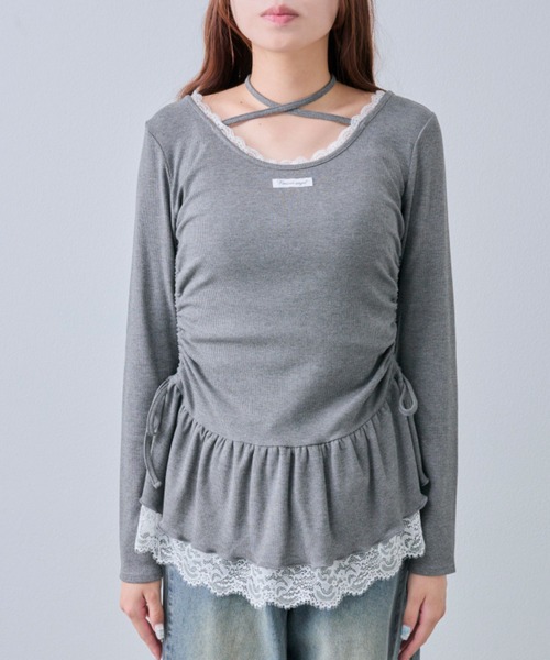 OLIVE des OLIVE(オリーブデオリーブ)の「裾レースドロストトップス(Tシャツ/カットソー・レディース・チャコールグレー/オフホワイト/ブラック/ブラック系その他・FREE)」の5枚目の写真