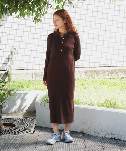 Ray BEAMS（レイビームス）の「リブ ニット ポロ ワンピース（ワンピース・レディース・ブラック/グレー/ダークブラウン・ONE SIZE）」の5枚目の写真