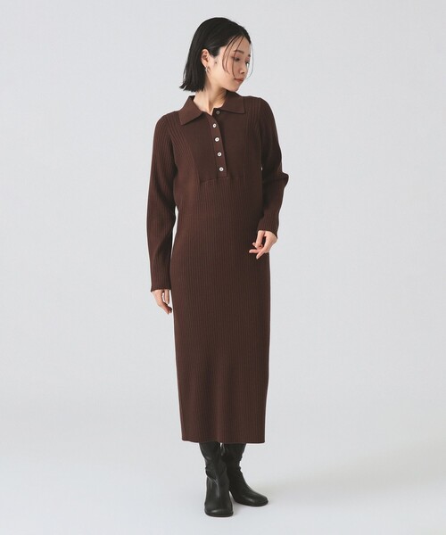 Ray BEAMS（レイビームス）の「リブ ニット ポロ ワンピース（ワンピース・レディース・ブラック/グレー/ダークブラウン・ONE SIZE）」の4枚目の写真