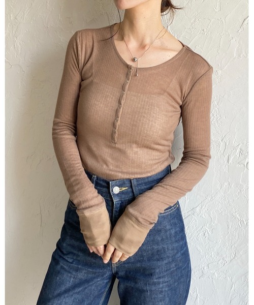 セール】長袖ヘンリーネックシアーリブトップス（Tシャツ