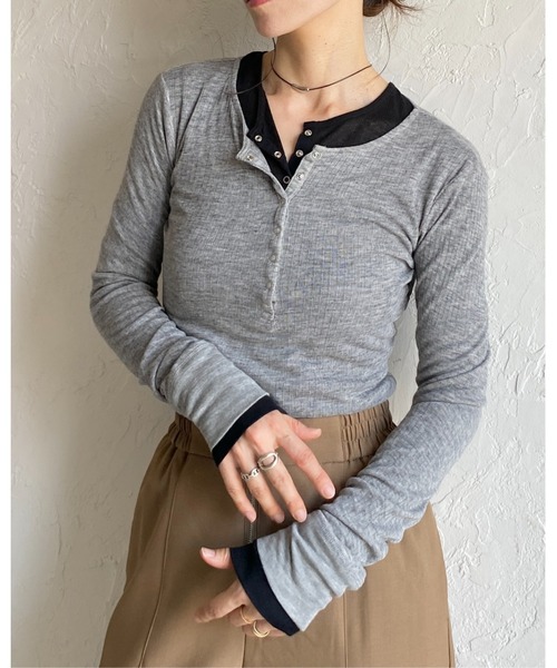 SEA ピンク 長袖ヘンリーネック SEA シー コットン ヘンリーネック 長袖 Tシャツ 110706318-kk