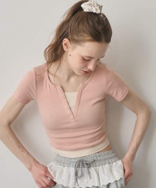 Birthday room(バースデイルーム)の「ヘンリーレイヤードリブT/henry layerd rib tshirt(Tシャツ/カットソー・レディース・ネイビー/グレー/ピンク・MEDIUM)」の3枚目の写真