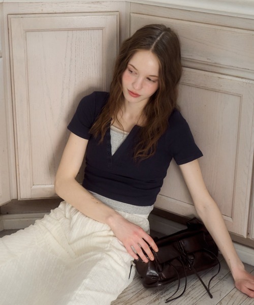 Birthday room(バースデイルーム)の「ヘンリーレイヤードリブT/henry layerd rib tshirt(Tシャツ/カットソー・レディース・ネイビー/グレー/ピンク・MEDIUM)」の14枚目の写真