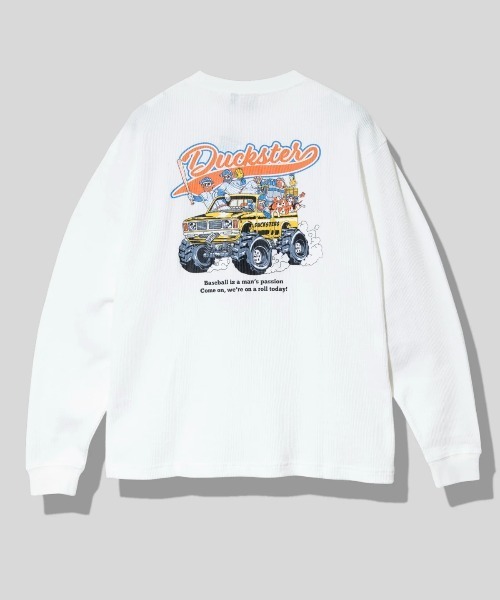 go slow caravan(ゴースローキャラバン)の「Duckster/ダックスター ヴィンテージ調 ワッフル L/S TEE(TEAMDUCKSTER)(Tシャツ/カットソー・メンズ・ブラック/ホワイト/ブルー系その他・MEDIUM/LARGE/X-LARGE)」の1枚目の写真