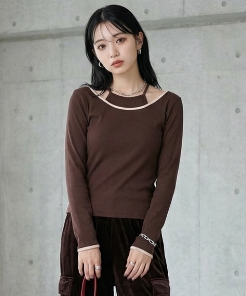 DIP IN CHOCOLATE(ディップインチョコレート)の「カットリブレイヤード風カットソー【DIP IN CHOCOLATE】(Tシャツ/カットソー・レディース・クリーム/チャコールグレー/ブラック/ブラウン・F)」の4枚目の写真