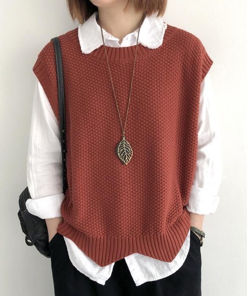 Miniministore(ミニミニストア)の「ニットベスト ゆったり 重ね着 春秋冬服(ベスト・レディース・レンガ/ブラウン/ベージュ/ブラック・FREE)」の13枚目の写真