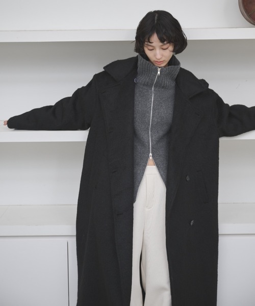 ISSUETHINGS ウールサージスタンドカラーコート ブラック 2 セール】2WAYシャギースタンドカラーオーバーコート（チェスターコート
