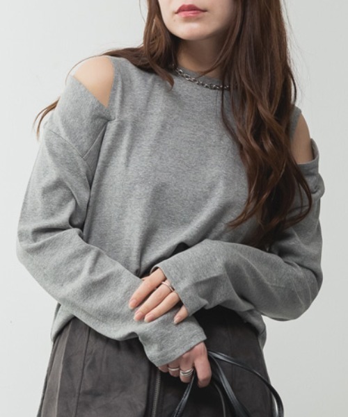 RCD(アールシーディー)の「オープンショルダーロングスリーブTシャツ(Tシャツ/カットソー・レディース・チャコールグレー/ブラック/カーキ/グレイッシュベージュ/杢グレー/オフホワイト・M-L/4L~5L/LL~3L)」の4枚目の写真