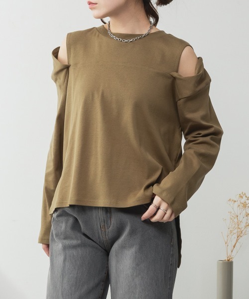 RCD(アールシーディー)の「オープンショルダーロングスリーブTシャツ(Tシャツ/カットソー・レディース・チャコールグレー/ブラック/カーキ/グレイッシュベージュ/杢グレー/オフホワイト・M-L/4L~5L/LL~3L)」の6枚目の写真