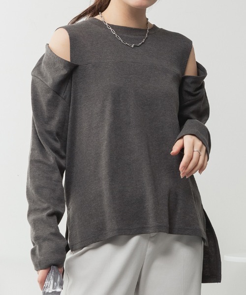 RCD(アールシーディー)の「オープンショルダーロングスリーブTシャツ(Tシャツ/カットソー・レディース・チャコールグレー/ブラック/カーキ/グレイッシュベージュ/杢グレー/オフホワイト・M-L/4L~5L/LL~3L)」の1枚目の写真
