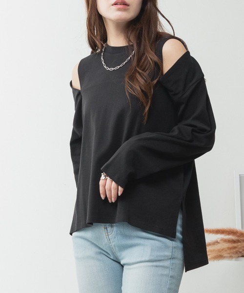 RCD(アールシーディー)の「オープンショルダーロングスリーブTシャツ(Tシャツ/カットソー・レディース・チャコールグレー/ブラック/カーキ/グレイッシュベージュ/杢グレー/オフホワイト・M-L/4L~5L/LL~3L)」の3枚目の写真