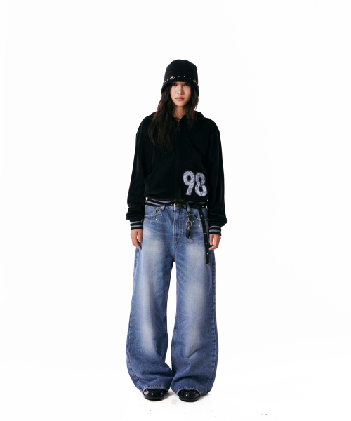 AAKAM ブラック フード付きパーカー 98刺繍 98 Patch Velour Zip-Up