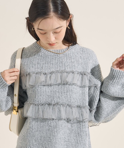 FREAK'S STORE(フリークスストア)の「チュール フリル ドッキング ニットプルオーバー(ニット/セーター・レディース・ベージュ/ブラック/グレー・フリ-)」の2枚目の写真