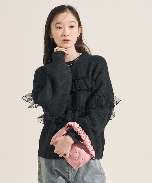 sacai✨ドッキングニット　トップス　プリーツ　春ニット　フレア　チュール ANGIE ニット セーター チュール ドッキングニット レディース