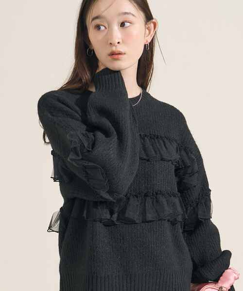 FREAK'S STORE(フリークスストア)の「チュール フリル ドッキング ニットプルオーバー(ニット/セーター・レディース・ベージュ/ブラック/グレー・フリ-)」の5枚目の写真