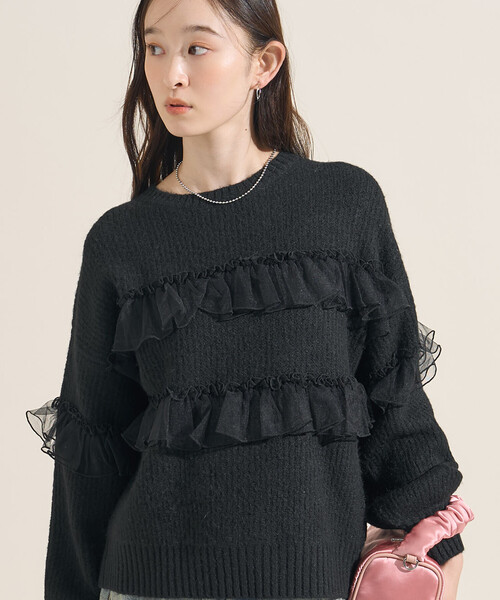 FREAK'S STORE(フリークスストア)の「チュール フリル ドッキング ニットプルオーバー(ニット/セーター・レディース・ベージュ/ブラック/グレー・フリ-)」の6枚目の写真