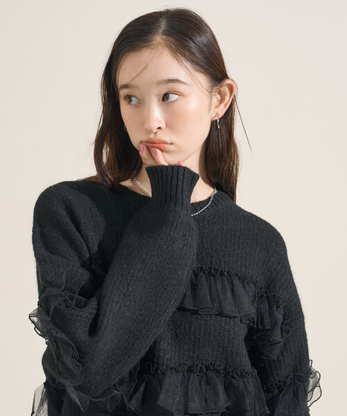 FREAK'S STORE(フリークスストア)の「チュール フリル ドッキング ニットプルオーバー(ニット/セーター・レディース・ベージュ/ブラック/グレー・フリ-)」の7枚目の写真
