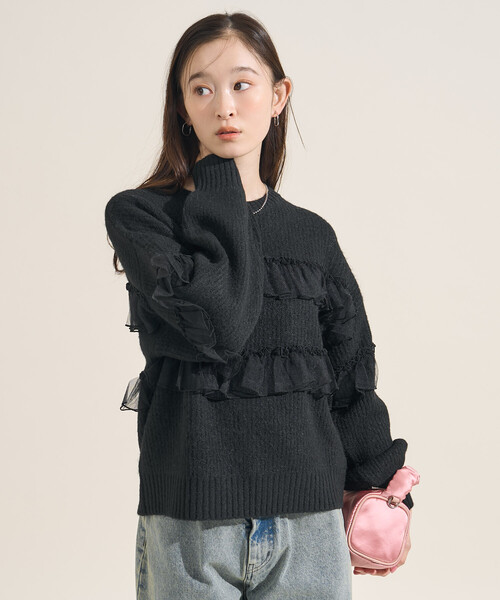 FREAK'S STORE(フリークスストア)の「チュール フリル ドッキング ニットプルオーバー(ニット/セーター・レディース・ベージュ/ブラック/グレー・フリ-)」の8枚目の写真