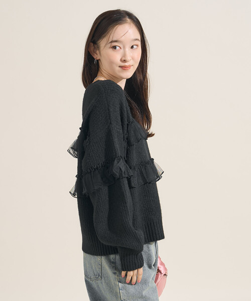 FREAK'S STORE(フリークスストア)の「チュール フリル ドッキング ニットプルオーバー(ニット/セーター・レディース・ベージュ/ブラック/グレー・フリ-)」の9枚目の写真