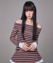 YOUHEE（ユヒ）の「STRIPE OFF-SHOULDER DRESS PINK（ワンピース）」