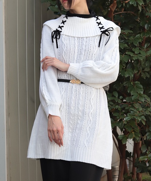 ファム セール】レースアップニットチュニック（チュニック）｜axes femme