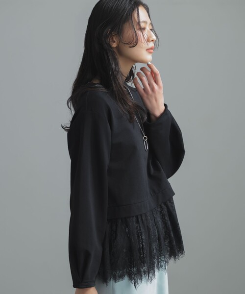 組曲(クミキョク)の「フレンチテリーレースコンビ カットソー(Tシャツ/カットソー・レディース・ブラック系/グレー系・5/6/7)」の1枚目の写真
